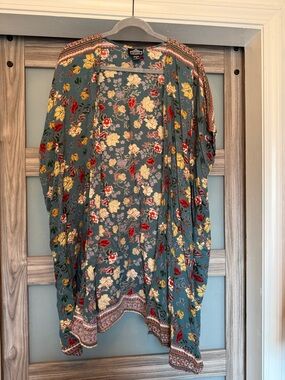 Angie Teal Floral Open-Front Kimono with Red & Yellow Blooms